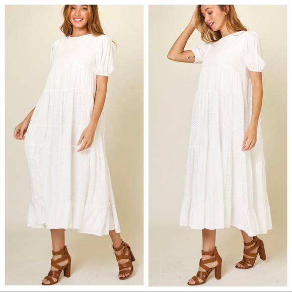 38 Boho absolutely Beautiful Short Puff Sleeves Lace Midi Dress - Picture 3 of 6